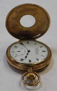 An Everite H Samuel half Hunter gold plated pocket watch, with a blue enamel Roman numeric dial,... - 3