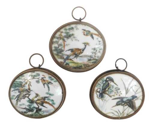 Three 19thC porcelain plaques, one depicting kingfishers, and the other two Asiatic pheasants,...