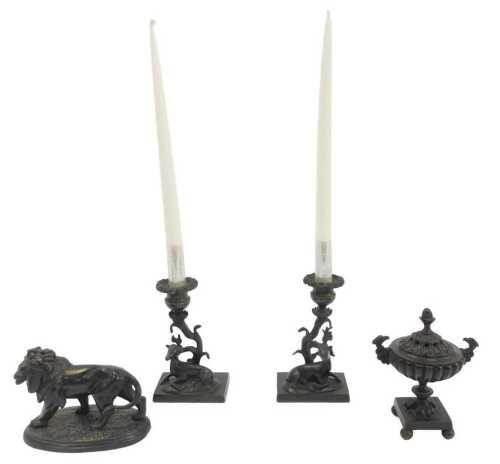A group of Grand Tour-style items, comprising a bronze campana-urn censer with eagle-head...