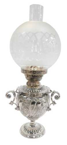 A Victorian Sherwoods Ltd silver plated oil lamp, the frosted and clear glass globular shade...