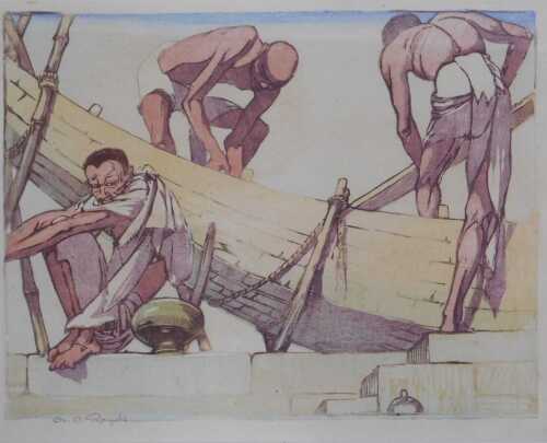Mabel Alington Royds (1874-1941). Boat builders, woodcut, signed, 22cm x 28.5cm, bearing...
