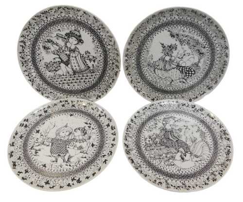 A set of four Bjorn Wiinblad for Rosenthal pottery Four Seasons platters, grey ground, printed...