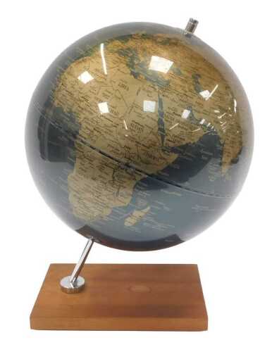 A 20thC terrestrial globe, in iridescent blue green, mounted on a stained pine rectangular base,...