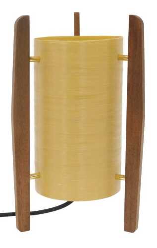 A 1970's style rocket lamp, the cylindrical textured plastic shade supported by three teak...