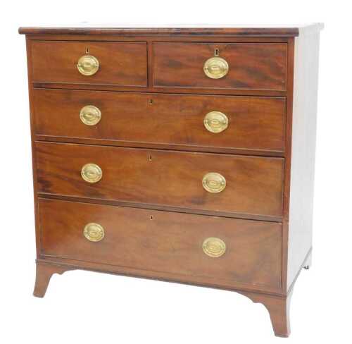 A 19thC mahogany and boxwood strung chest of drawers, with two short and three long drawers,...