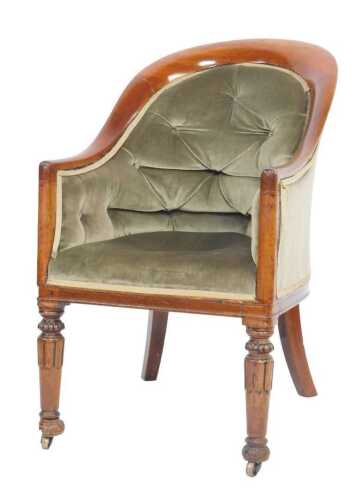 A 19thC mahogany spoonback library chair, with a showframe, buttoned back sides, and padded seat,...