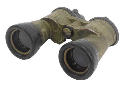 A pair of German Kriegsmarine U boat binoculars, in a mottled green finish, 21.5cm wide.