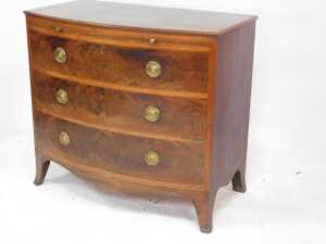A George III Sheraton mahogany bow front bachelor's chest, with satinwood banded top, brushing... - 2