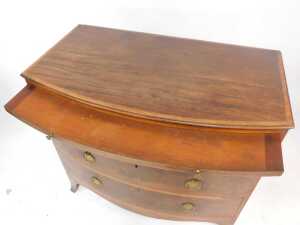 A George III Sheraton mahogany bow front bachelor's chest, with satinwood banded top, brushing... - 4