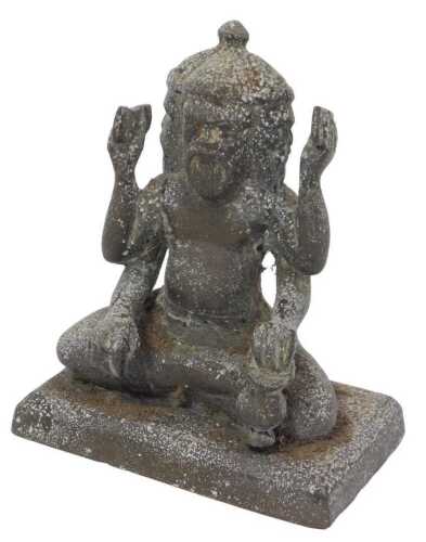A 19thC cast bronze figure of Brahma, in traditional seated pose, on a rectangular plinth, 9.5cm...