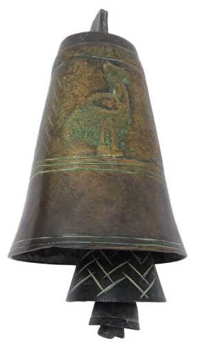 A Persian brass four-tier camel bell, with lion and bird symbols, and hatched decoration, 31cm...