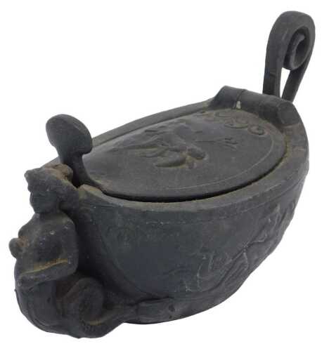 An 18th/19thC bronze inkwell, in the form of a classical design boat-shaped oil lamp with...