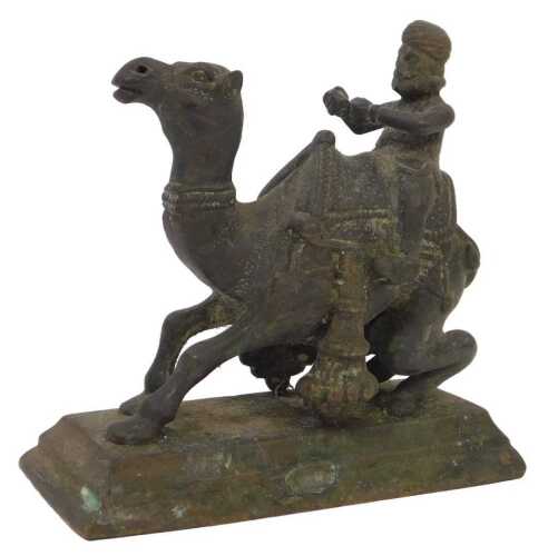A 19thC Persian bronze figure of a camel rider, with rectangular plinth base, 8cm high.