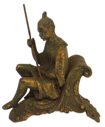A 19thC ormolu clock surmount, in the form of a seated Chinese male figure, on a scroll base,...