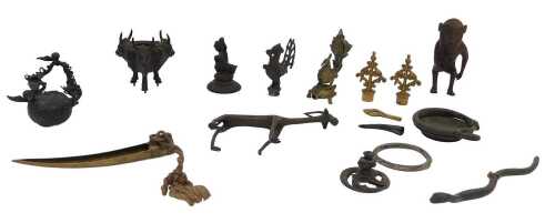 A group of antiquarian bronze artefacts, etc, including an ink stand with bull's heads and...