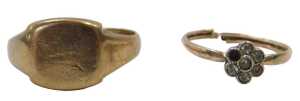 Two dress rings, comprising a 9ct gold signet ring, with rectangular ring head, of plain design,...
