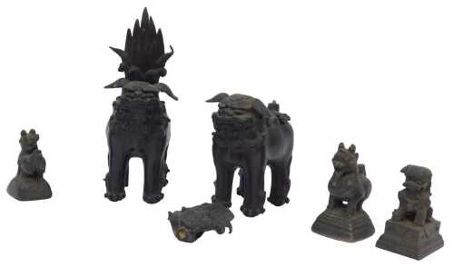 A pair of 19thC bronze Buddhistic lions, with raised tails (one detached), 15.5cm high, another...