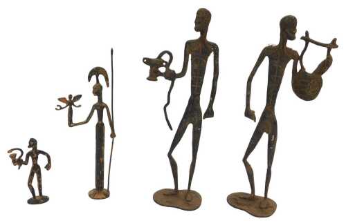 A pair of cast metal Greek figures of Apollo and Aselepton, 38cm and 38.5cm respectively, and...