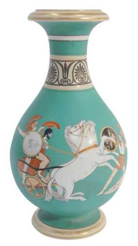 A Victorian Neoclassical Revival pottery vase, decorated in coloured enamels depicting armoured...