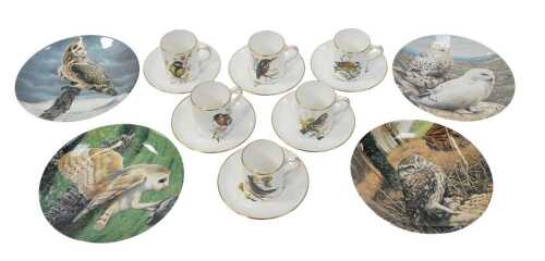 A set of six Hammersley Spode ornithological polychrome decorated coffee cans and saucers, and...