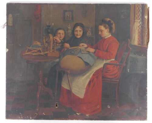 19thC School. Interior scene depicting three female figures lace making, oil on canvas, unsigned,...