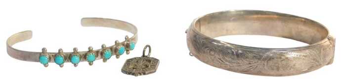 A group of silver and other jewellery, comprising a silver half-hinged bangle, a silver and...