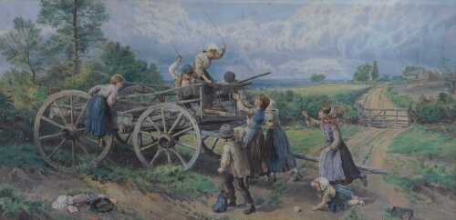 After Myles Birket Foster (1825-1899). Storming the Castle, colour print, 34cm x 71cm.