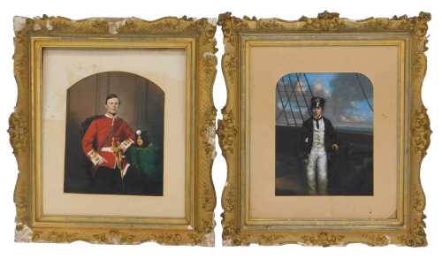 Two 19thC hand-coloured photographic portraits, depicting a seated British military officer in...