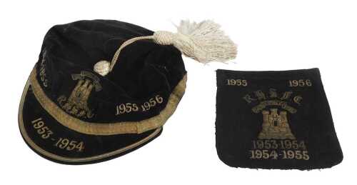 A Royal High School of Edinburgh 1953-1956 black velvet football cap, with cream tassel, bearing...