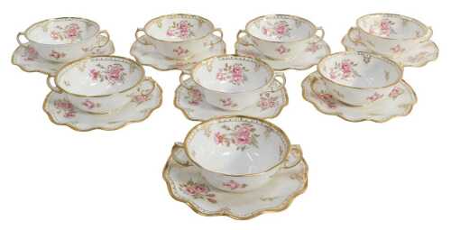 Eight Royal Crown Derby porcelain Royal Pinxton Roses pattern twin-handled soup bowls and...