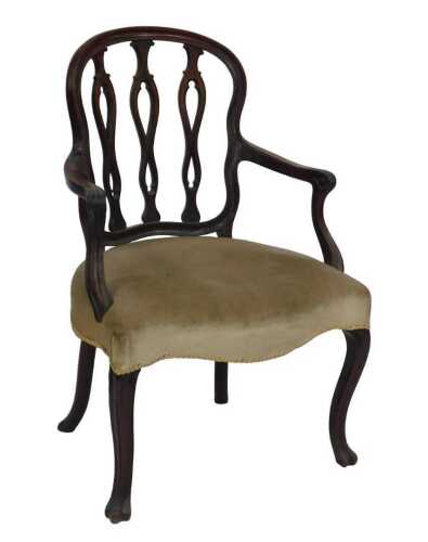 A George III mahogany open armchair, with Gothic pierced splat back, downswept arms with carved...