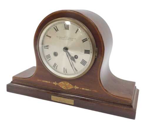 An early 20thC mahogany and inlaid Napoleon hat mantel clock by The Northern Goldsmiths Company...