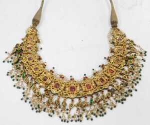 An antique enamel and gem set bridal necklace, the front set with an arrangement of green, red... - 2