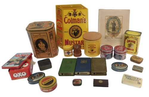 A group of advertising items, including a reproduction enamel Colman's Mustard sign, made by...