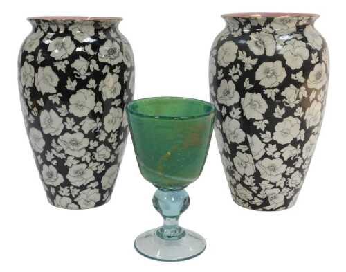 A pair of Grimwades Winton pottery vases, of cylindrical tapering form, transfer-printed with...