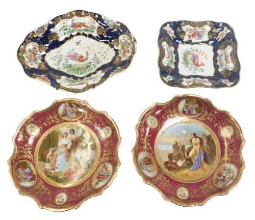 A pair of Royal Vienna style porcelain plates, each of a shaped form, decorated centrally with...