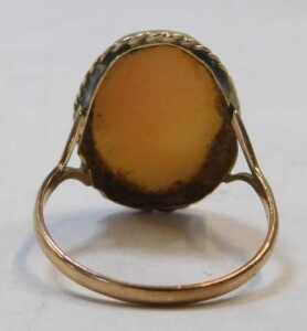A shell cameo dress ring, quarter profile female facing sinister, in a rub over and pleated... - 2