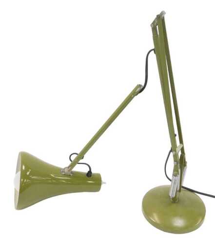 An Anglepoise-type lamp, in olive green, raised on a circular base, approximately 80cm high. (AF)