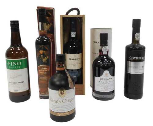 A group of alcohol, comprising Warres 2008 Late Bottled Vintage Port, boxed, Cockburns Port,...