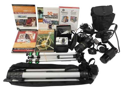 Cameras and optical related equipment, including a Canon AI SLR camera with a 50mm lens, a Canon...