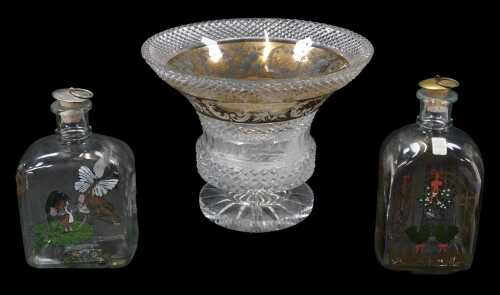 A 20thC cut glass centrepiece bowl, of cylindrical tapering form, decorated with a gilt...