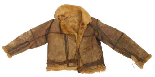 A WWII period brown leather and sheepskin flying jacket with a buckle belt, underarm measurement...