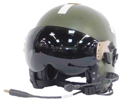 A Royal Air Force Mk4 flying helmet, with visor and integrated ear defenders.