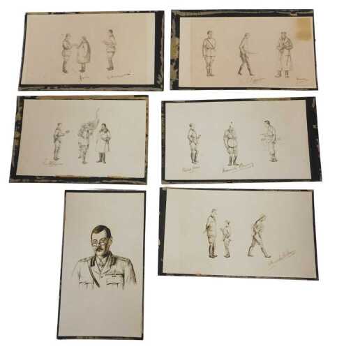 Six printed caricature panels, printed on card, bearing various signatures, including Maurice...