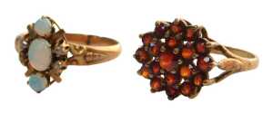 Two 9ct gold dress rings, comprising a 9ct gold garnet cluster ring, in a three layered raised...