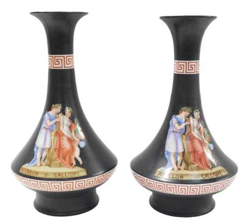 A pair of late 19th/early 20thC Continental porcelain lamp or ewer mounts, each printed with...