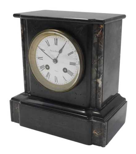 A late 19thC French black slate and marble mantel clock, the Roman numeric enamel dial stamped...