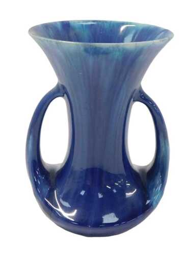 A Pilkingtons Royal Lancastrian two handled vase, with mottled pale and darker blue glaze,...