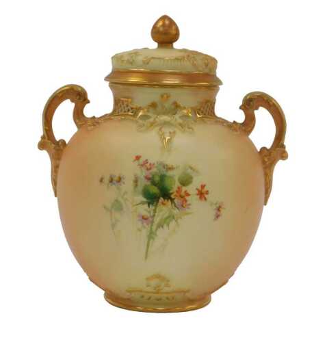 A Royal Worcester blush porcelain twin handled vase and cover, dated 1898, the vase of globular...