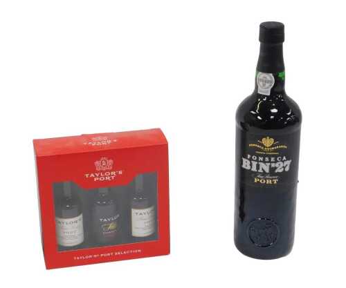 A bottle of Fonseca Bin No 27 Fine Reserve port, 75cl, in a wooden box, together with a Taylors...